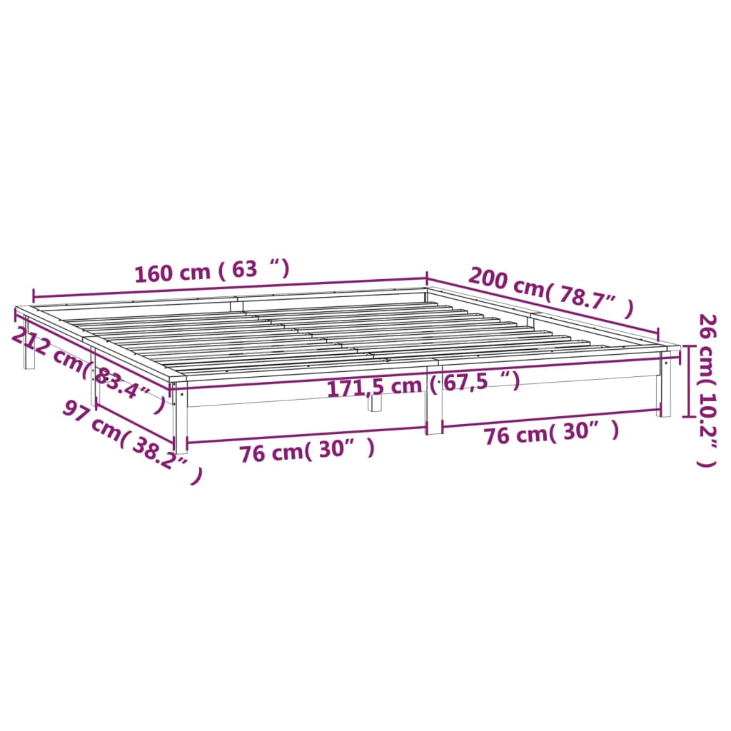 LED okvir za krevet bijeli 160 x 200 cm od masivnog drva