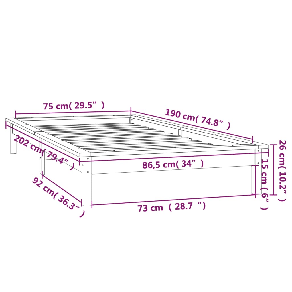 LED okvir kreveta boja meda 75 x 190 cm mali od masivnog drva