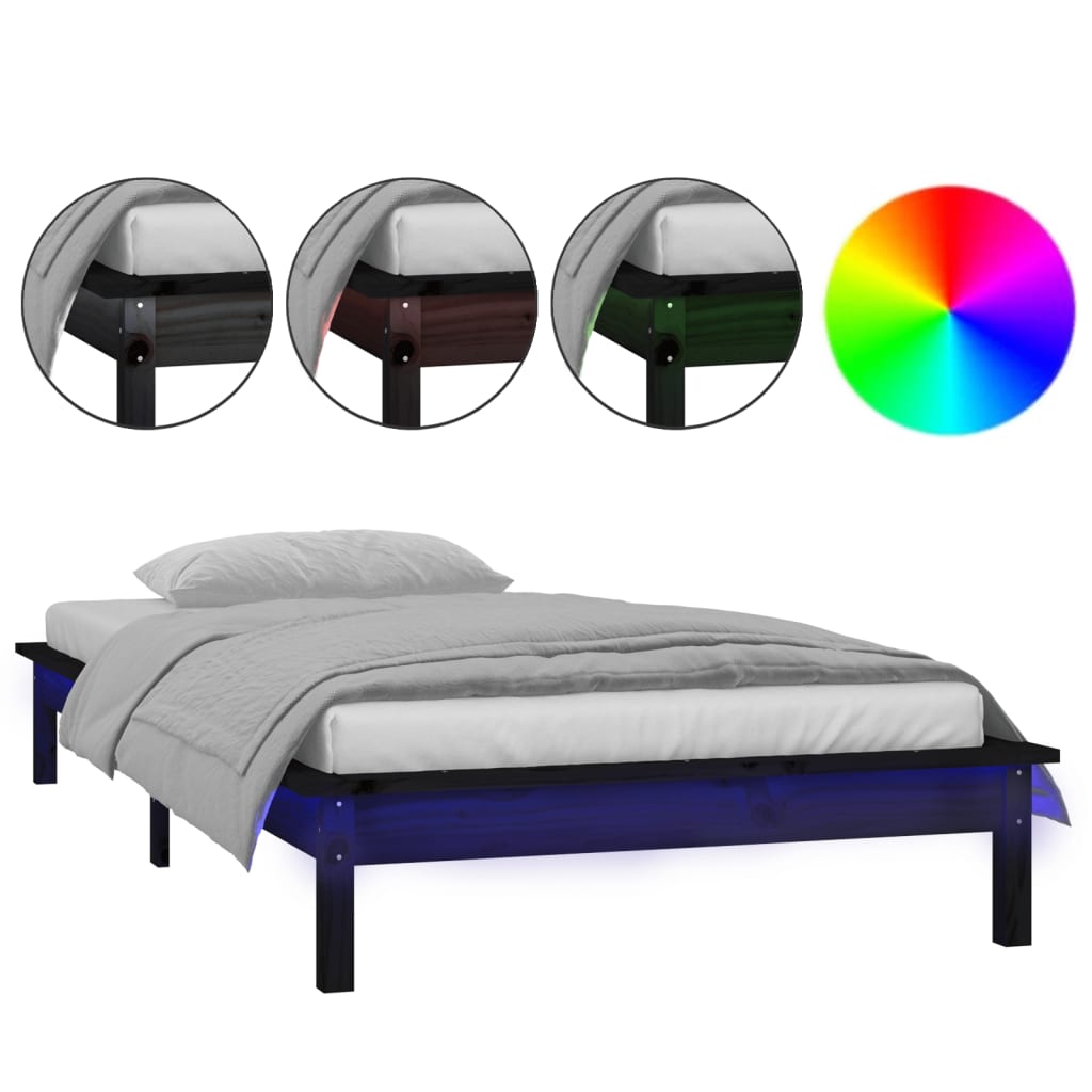 LED okvir kreveta crni 75 x 190 cm mali od masivnog drva