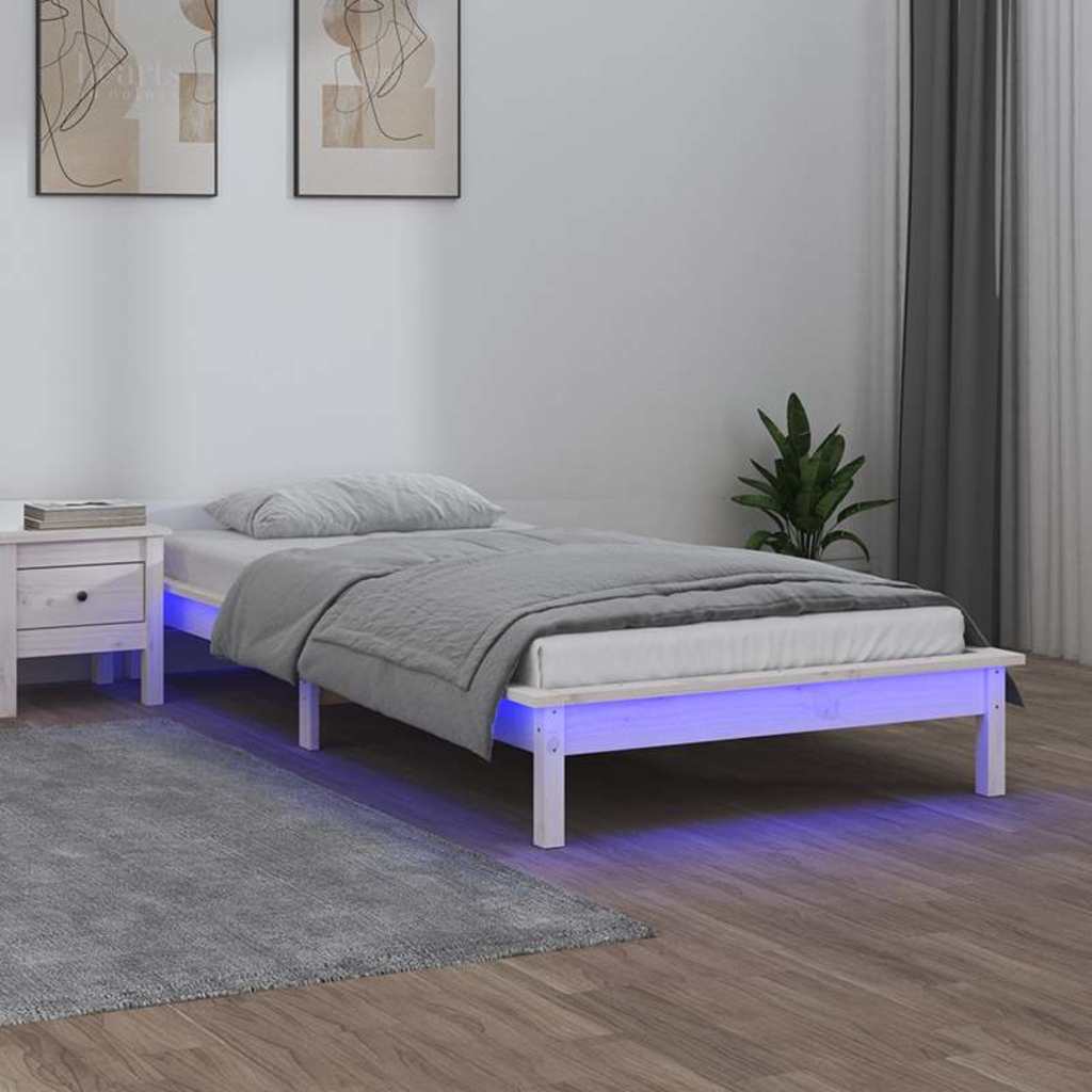 LED okvir kreveta bijeli 90 x 190 cm mali od masivnog drva