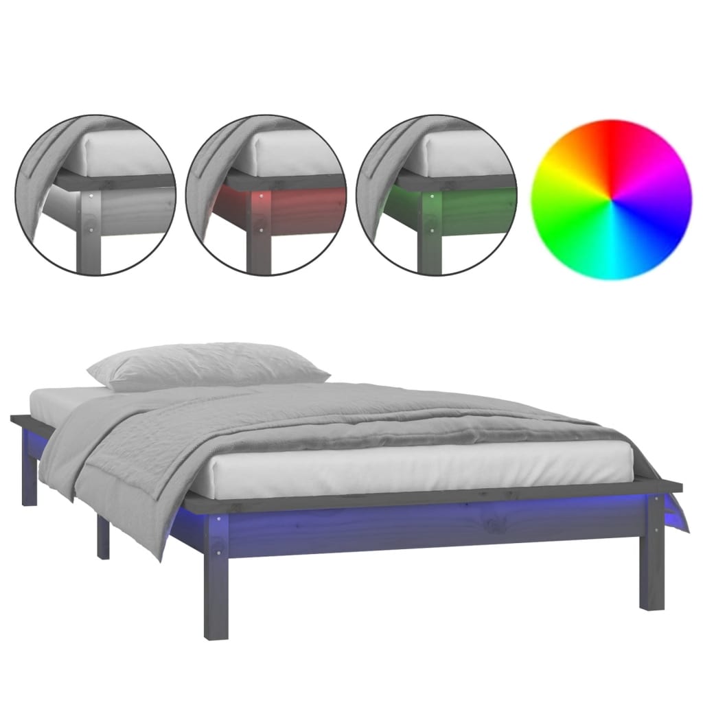 LED okvir kreveta sivi 90 x 190 cm mali od masivnog drva