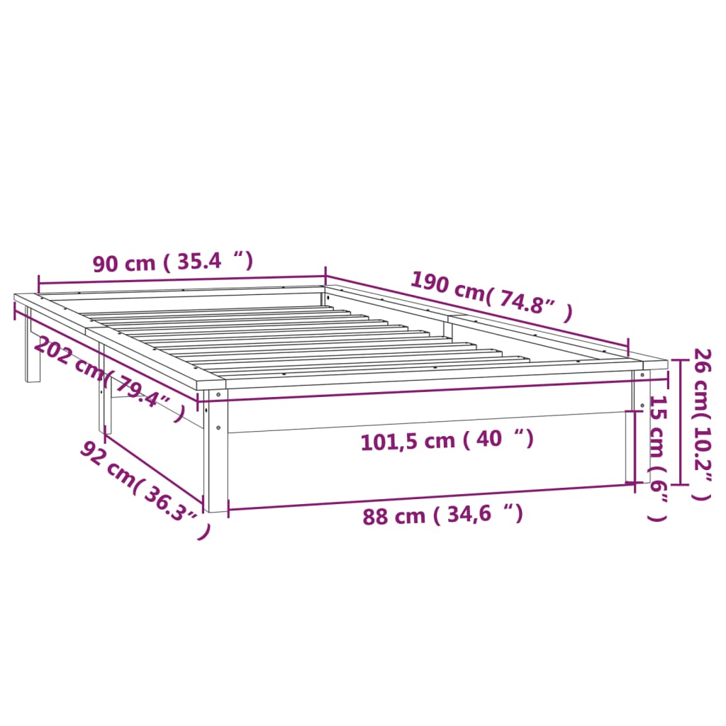 LED okvir kreveta sivi 90 x 190 cm mali od masivnog drva