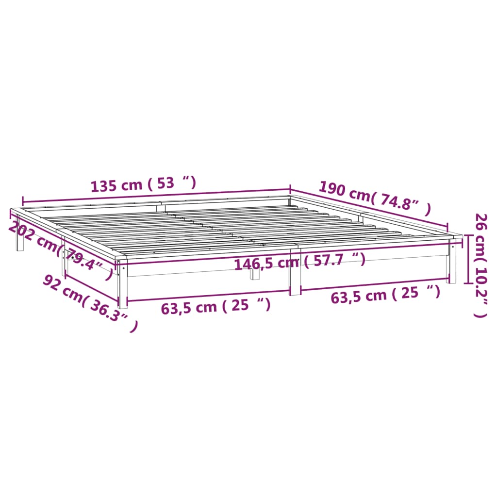 LED okvir kreveta bijeli 135 x 190 cm bračni od masivnog drva