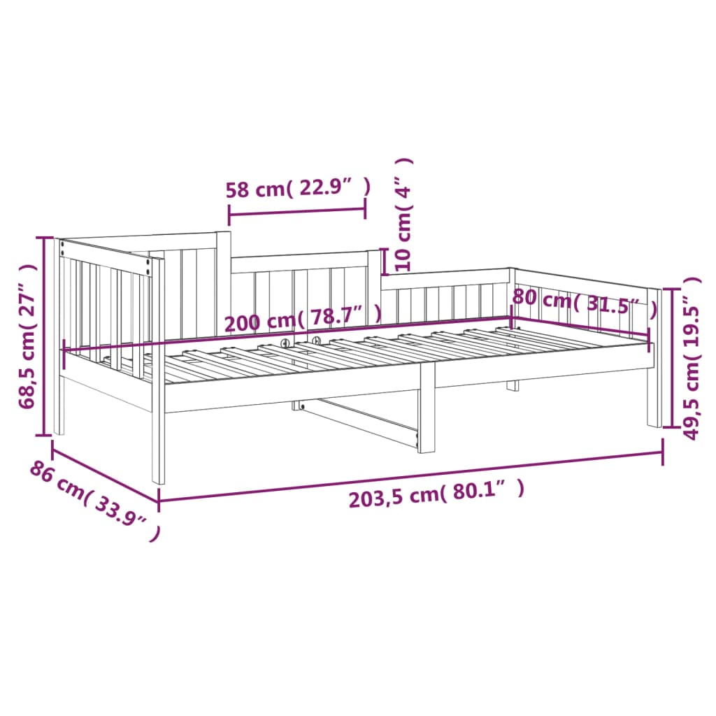 Dnevni krevet bez madraca 80 x 200 cm od masivne borovine