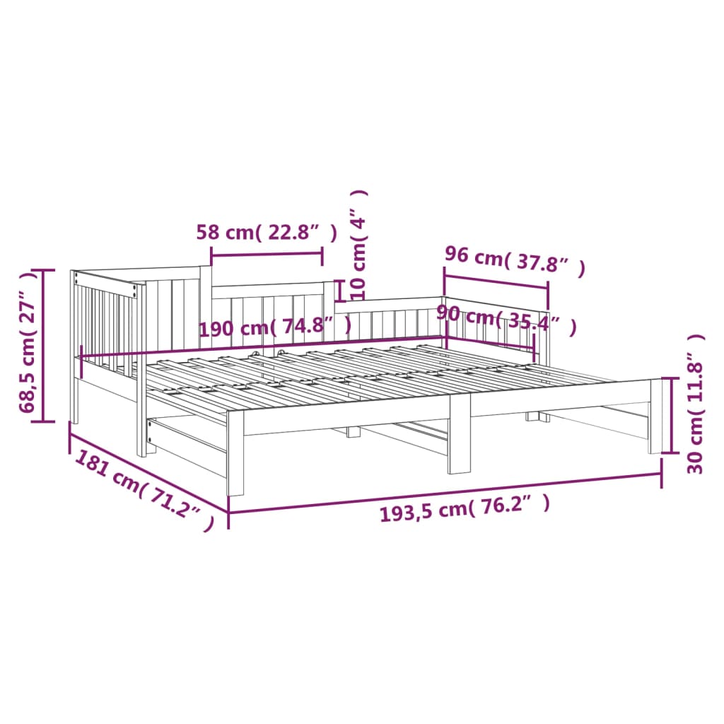 Dnevni ležaj na izvlačenje crni 2x(90x190) cm masivna borovina