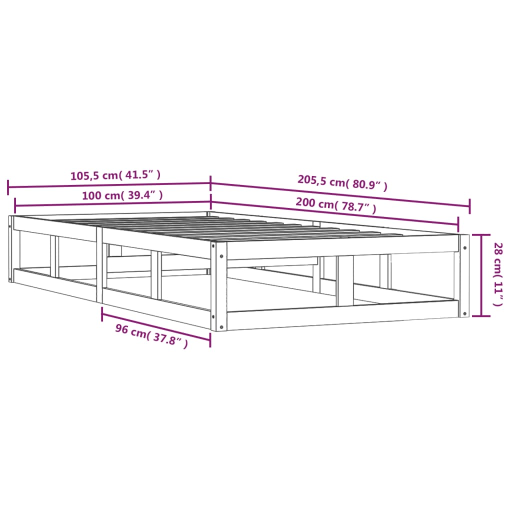 Okvir za krevet bijeli 100 x 200 cm od masivnog drva