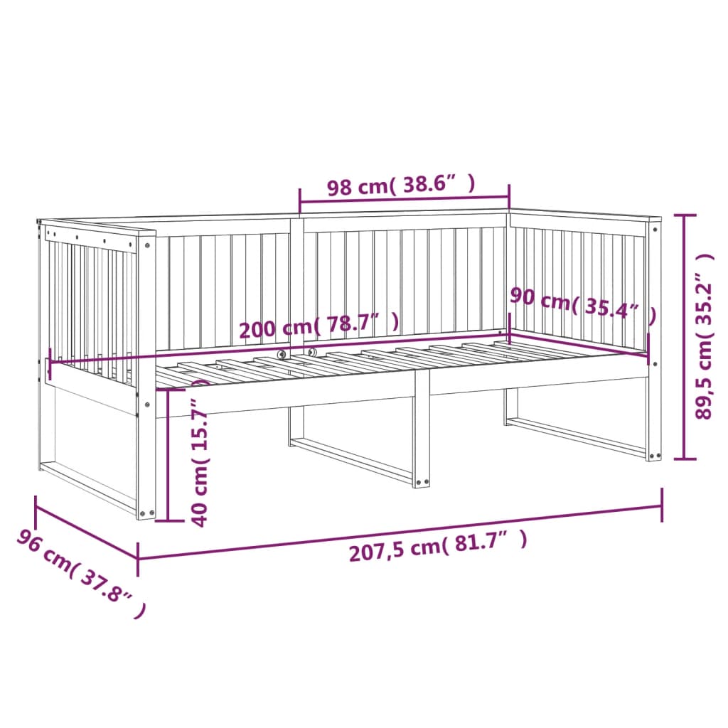 Dnevni krevet bez madraca bijeli 90 x 200 cm masivna borovina