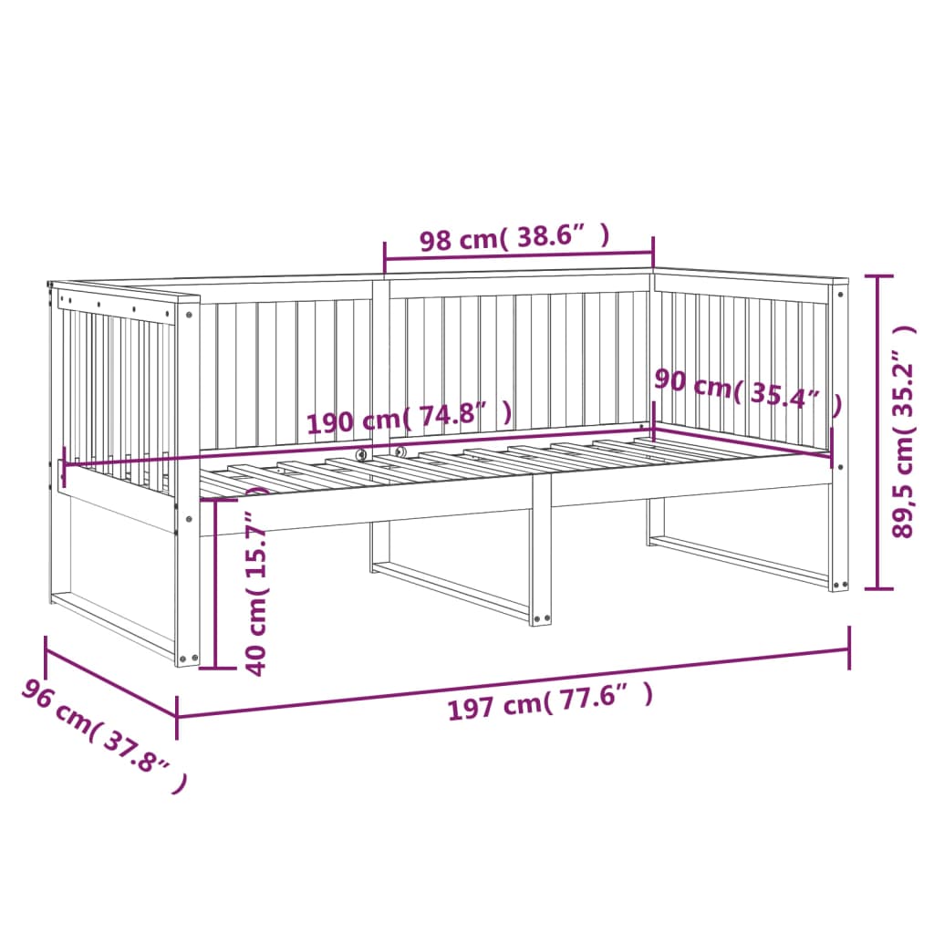 Dnevni krevet bez madraca bijeli 90 x 190 cm masivna borovina