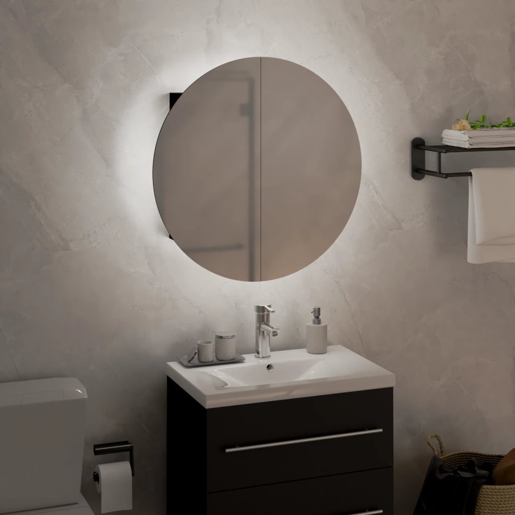 Kupaonski ormarić s okruglim ogledalom LED crni 40x40x17,5 cm