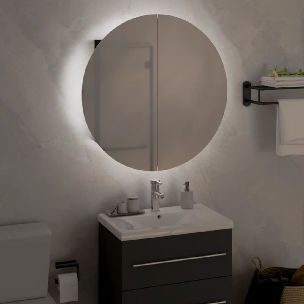 Kupaonski ormarić s okruglim ogledalom LED crni 47x47x17,5 cm