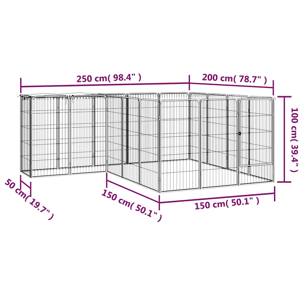 Ograda za pse s 18 panela crna 50 x 100 cm čelik obložen prahom
