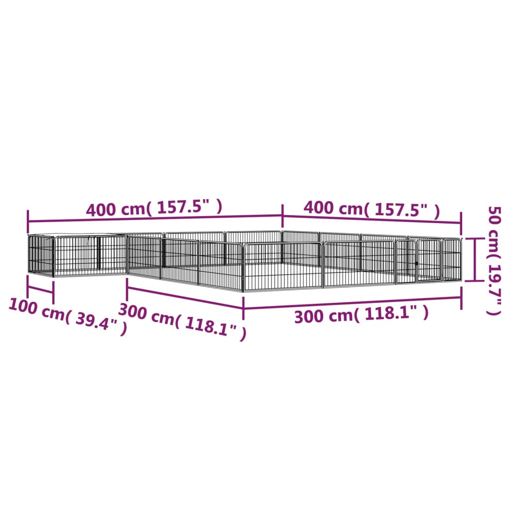 Ograda za pse s 16 panela crna 100 x 50 cm čelik obložen prahom