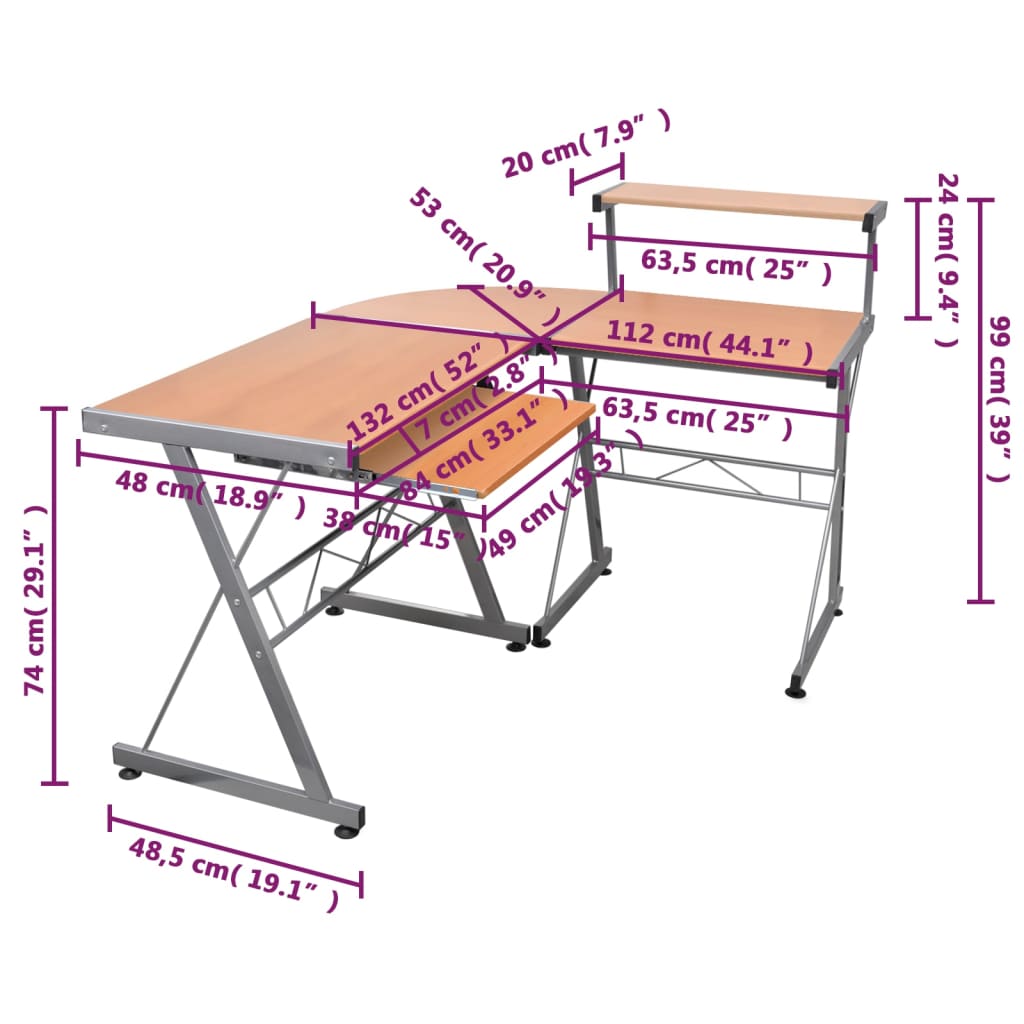 Kutni stol za računalo smeđi 132x112x99 cm konstruirano drvo