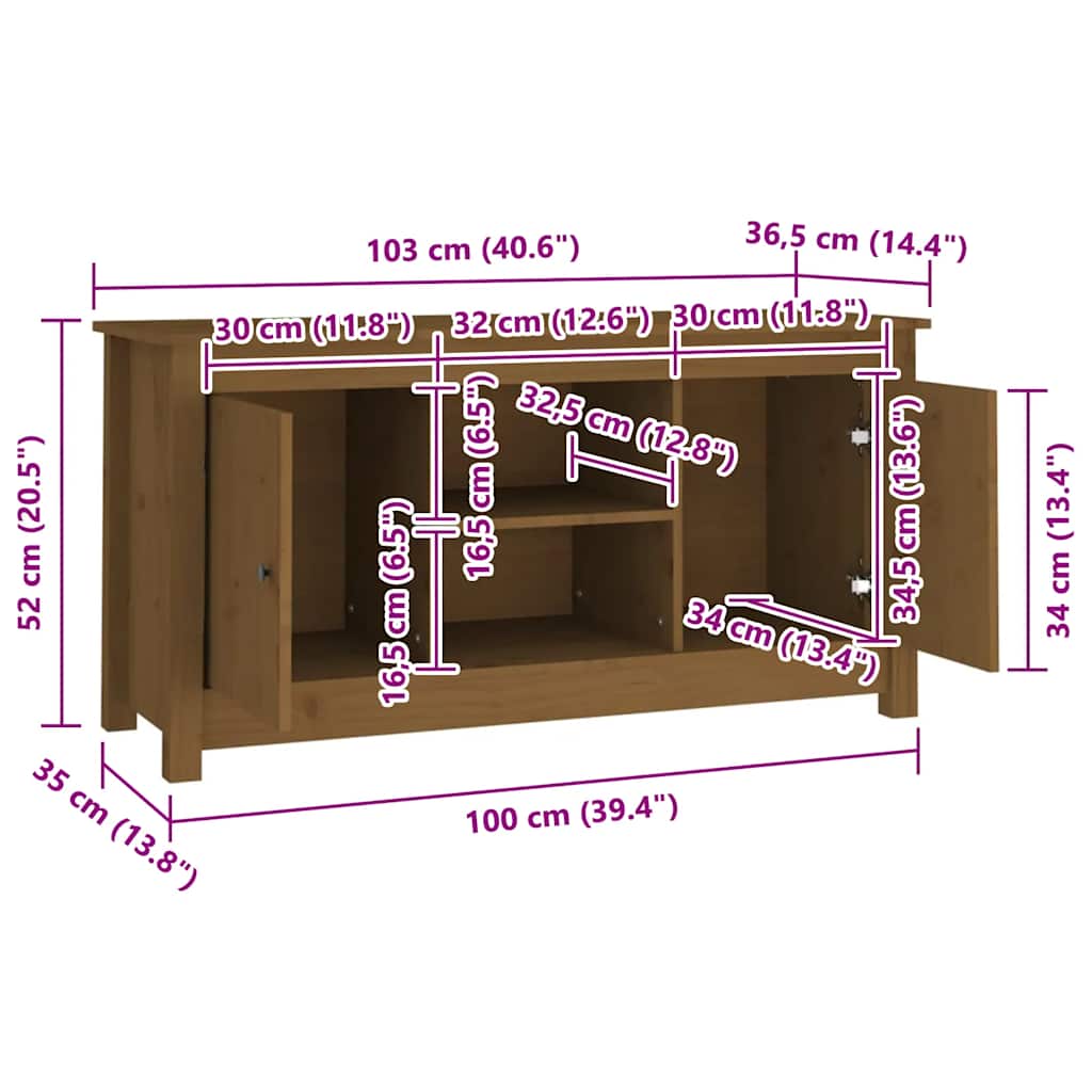 TV ormarić boja meda 103 x 36,5 x 52 cm od masivne borovine