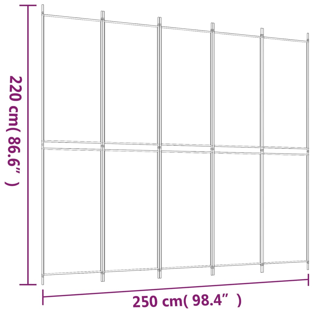 Sobna pregrada s 5 panela bijela 250 x 220 cm od tkanine