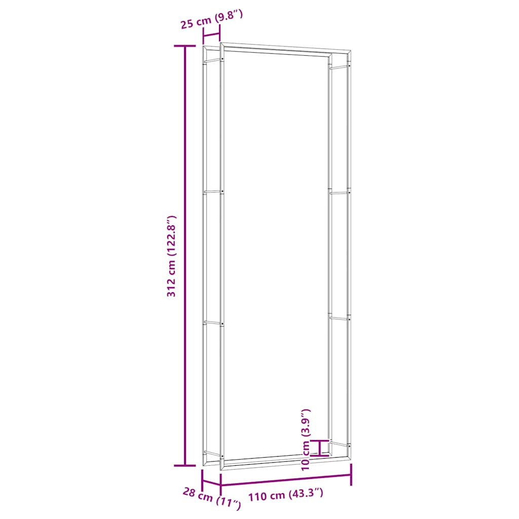 Stalak za drva za ogrjev mat crni 110x28x312 cm čelični