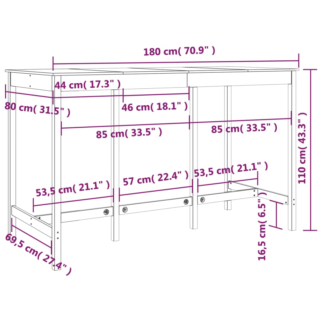 Barski stol bijeli 180x80x110 cm od masivne borovine