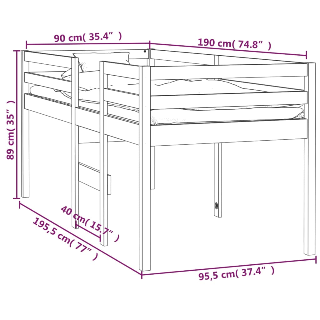 Visoki krevet bijeli 90 x 190 cm od masivne borovine