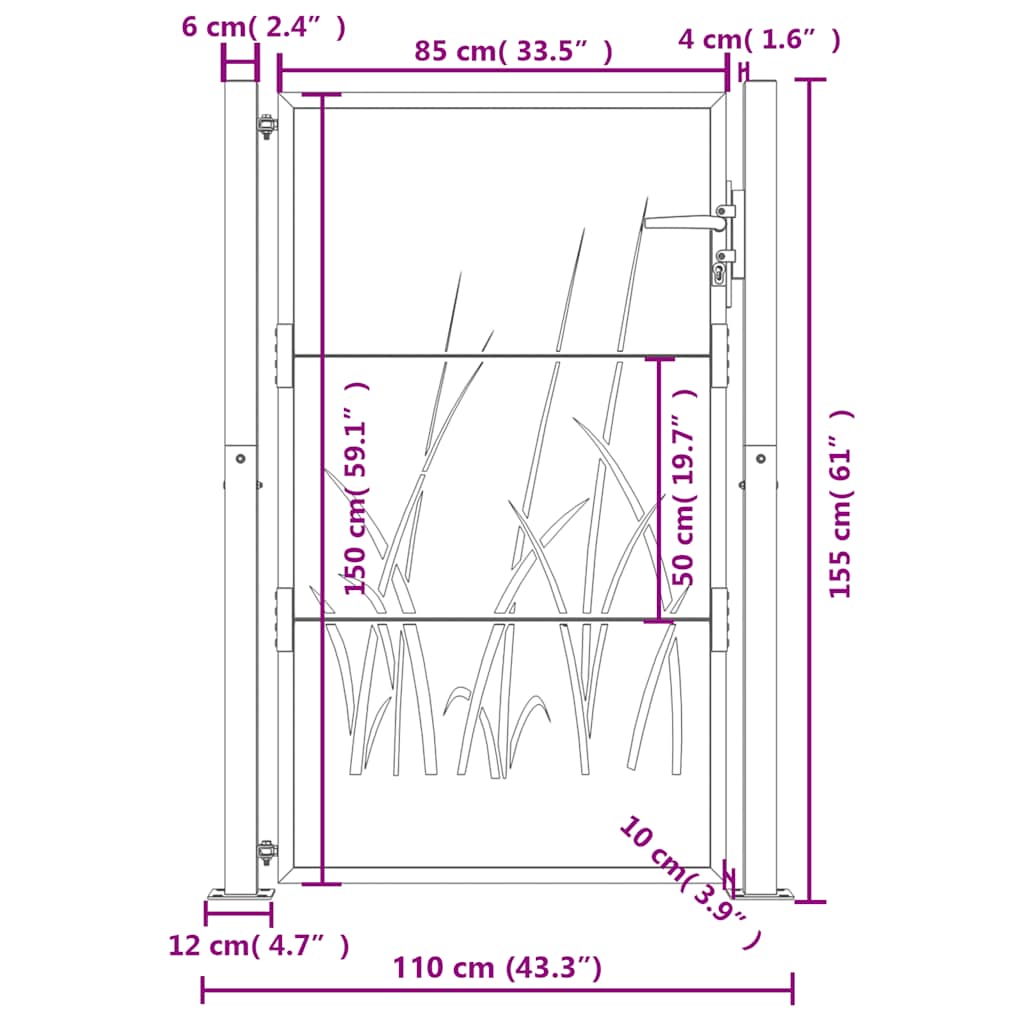 Vrtna vrata antracit 100x150 cm dizajn s čeličnim travom