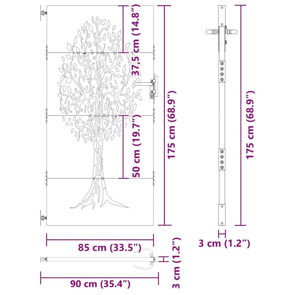 Vrtna vrata 85 x 175 cm od čelika COR-TEN s uzorkom stabla