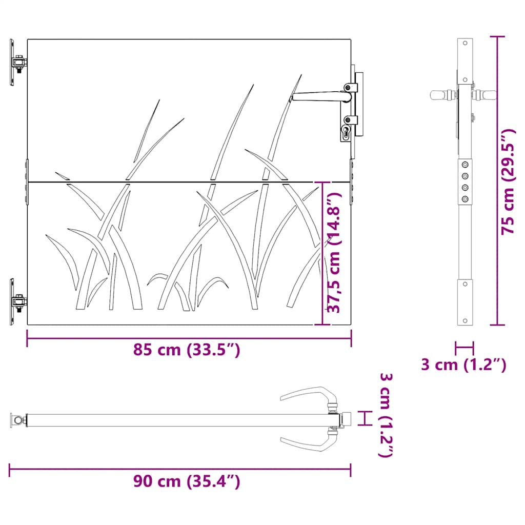 Vrtna vrata 85 x 75 cm od čelika COR-TEN s uzorkom trave