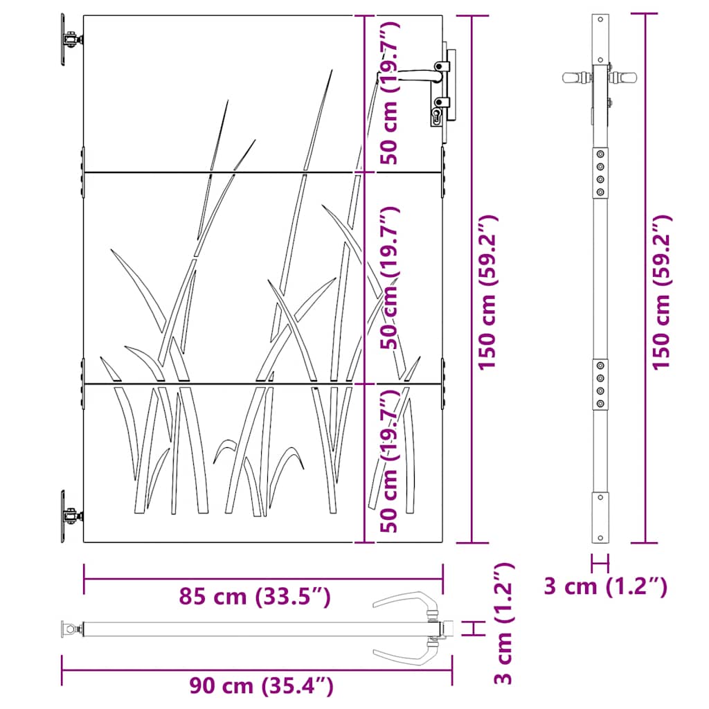 Vrtna vrata 85 x 150 cm od čelika COR-TEN s uzorkom trave