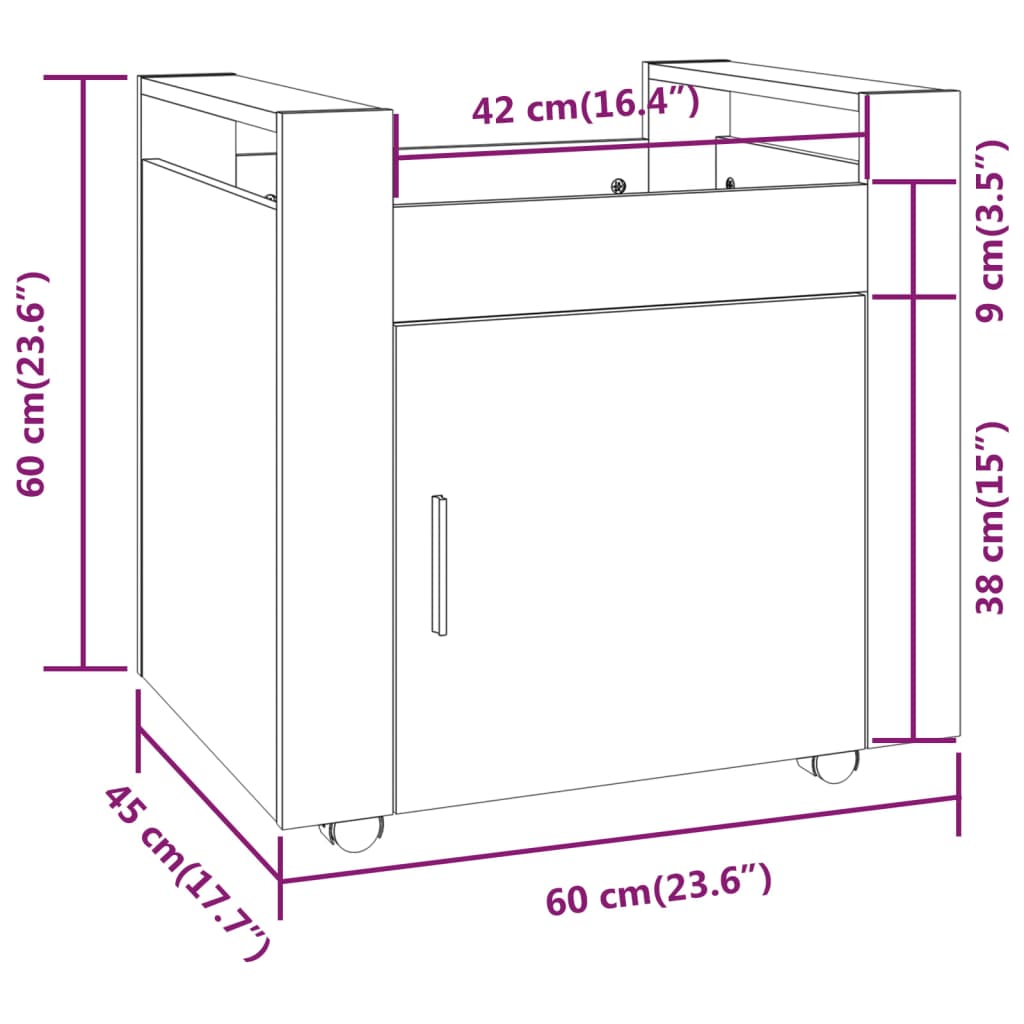 Kolica za radni stol boja dimljenog hrasta 60x45x60 cm drvena
