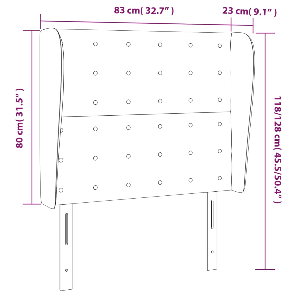 Uzglavlje s ušima crno 83 x 23 x 118/128 cm baršunasto