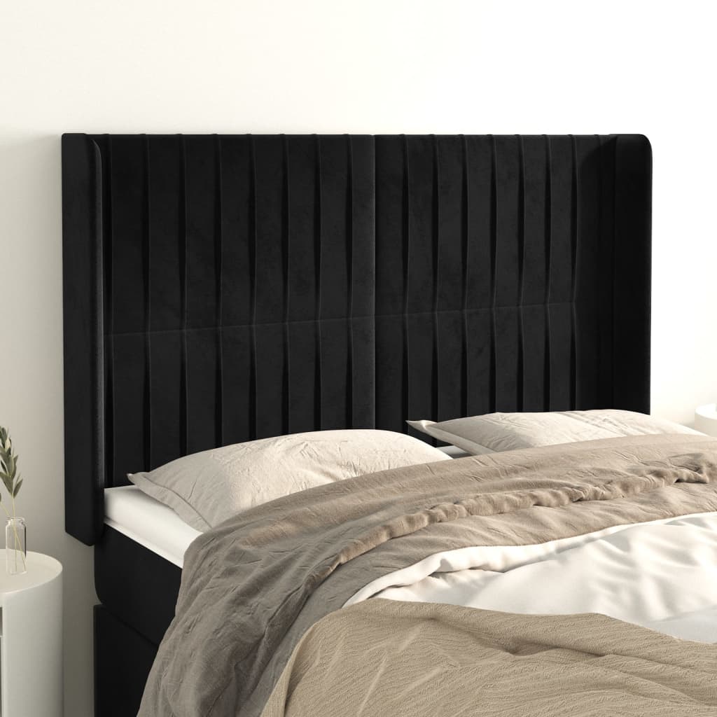 Uzglavlje s ušima crno 147x16x118/128 cm baršunasto