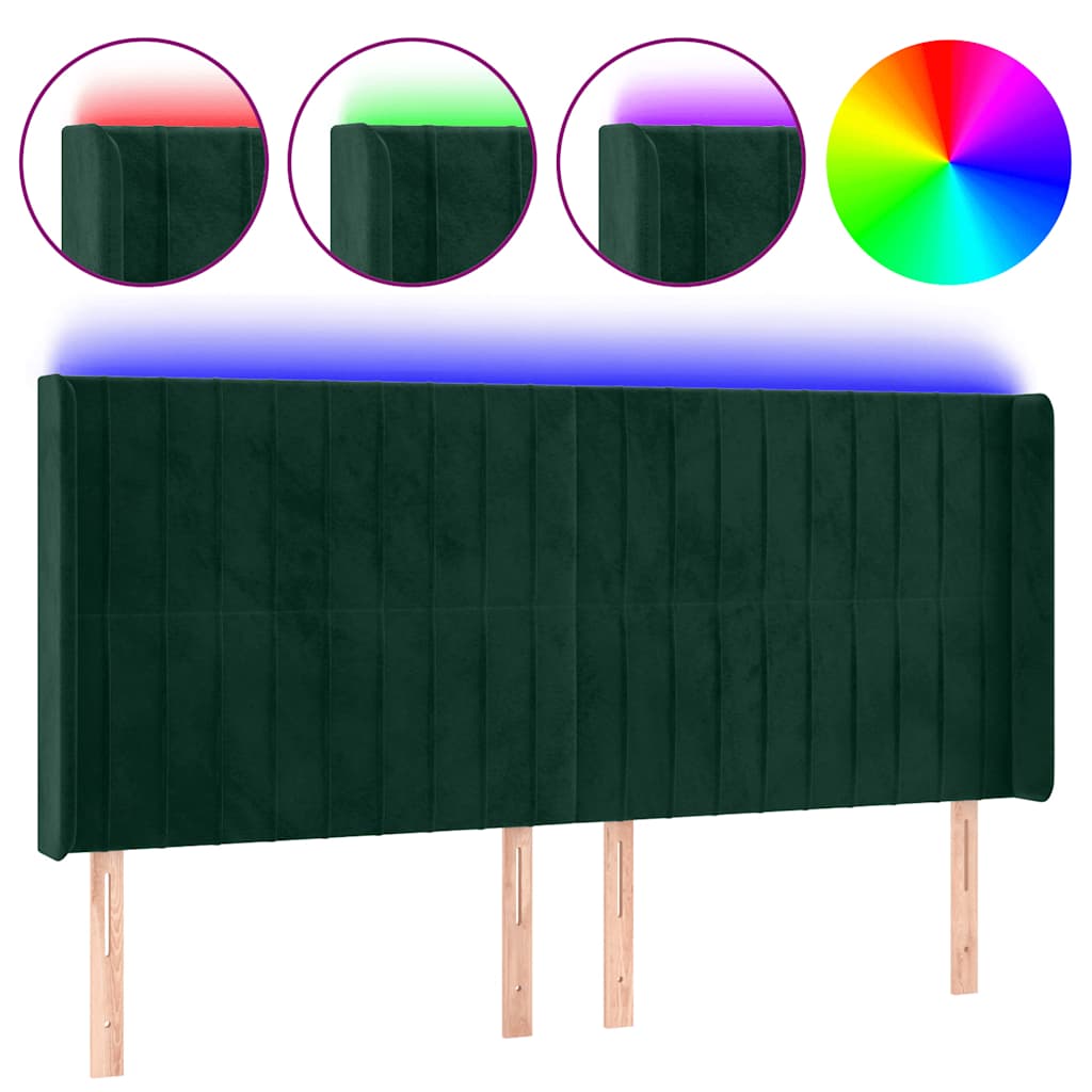 LED uzglavlje tamnozeleno 183 x 16 x 118/128 cm baršunasto