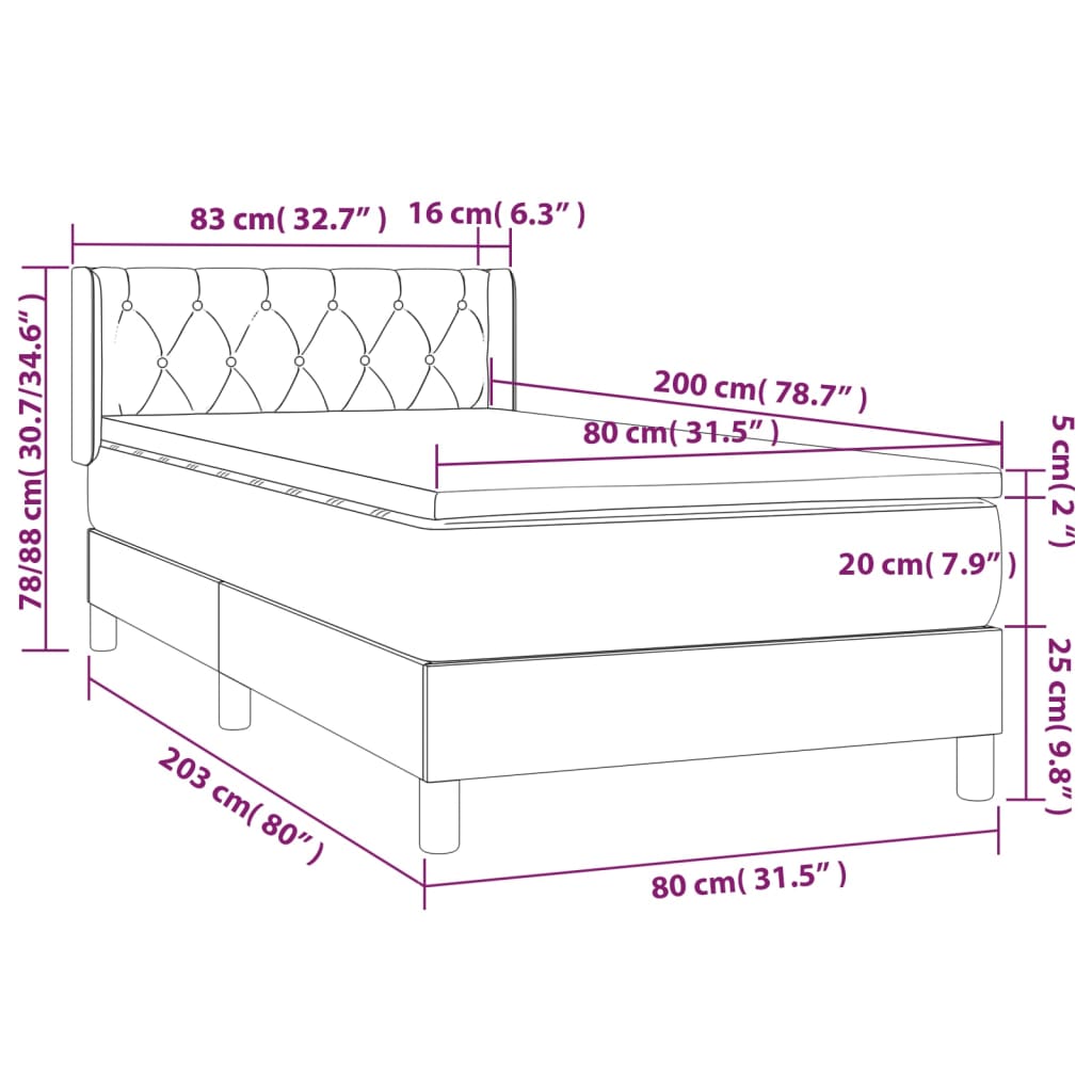 Box spring krevet s madracem tamnosivi 80 x 200 cm baršunasti