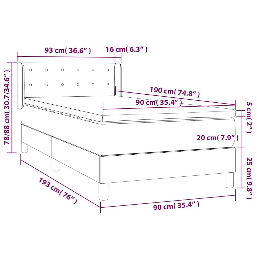 Box spring krevet s madracem tamnosivi 90x190 cm baršunasti