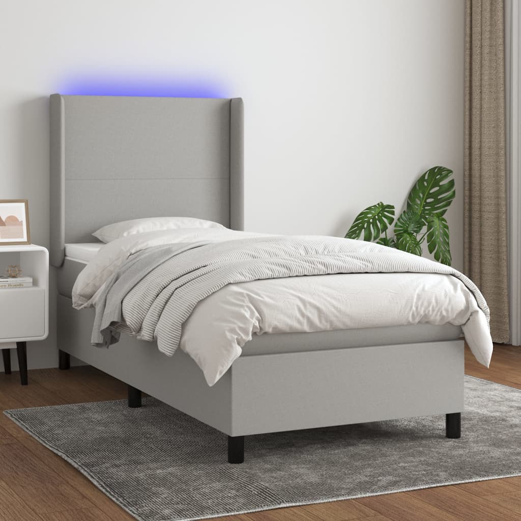 Krevet box spring s madracem LED svjetlosivi 90x190 cm tkanina