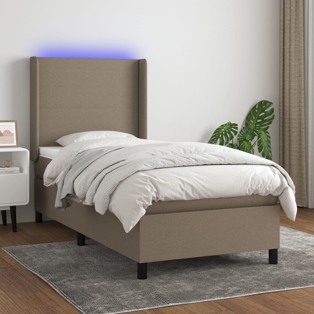 Krevet box spring s madracem LED smeđesivi 90x190 cm tkanina