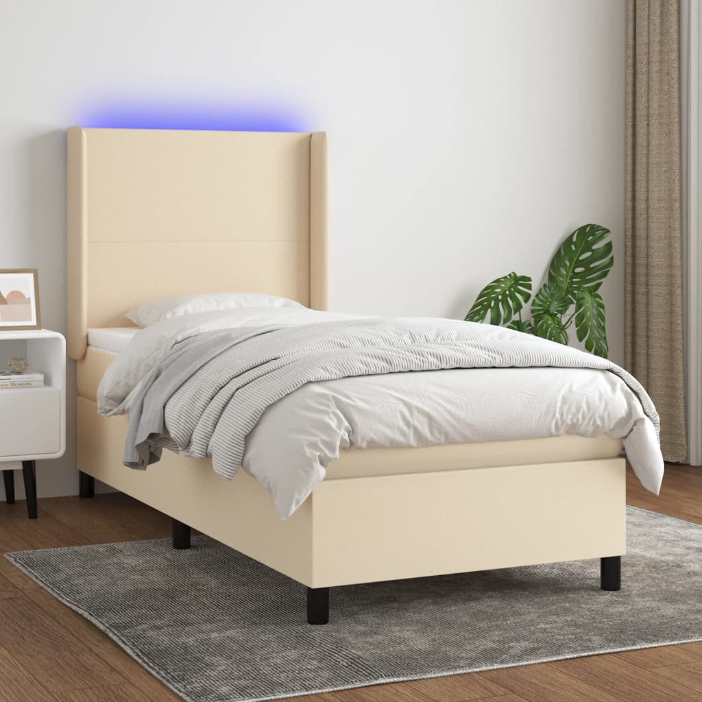 Krevet box spring s madracem LED krem 90x190 cm od tkanine