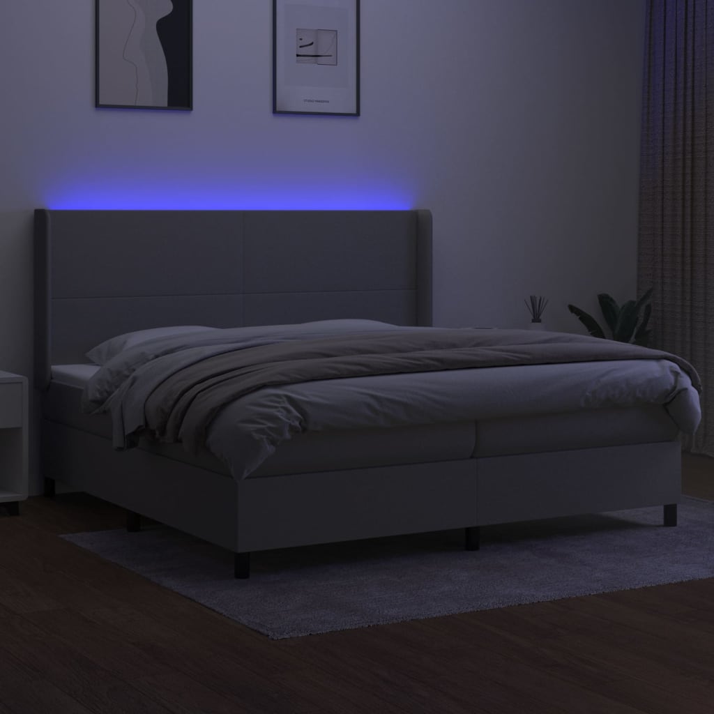 Krevet box spring s madracem LED svjetlosivi 200x200 cm tkanina