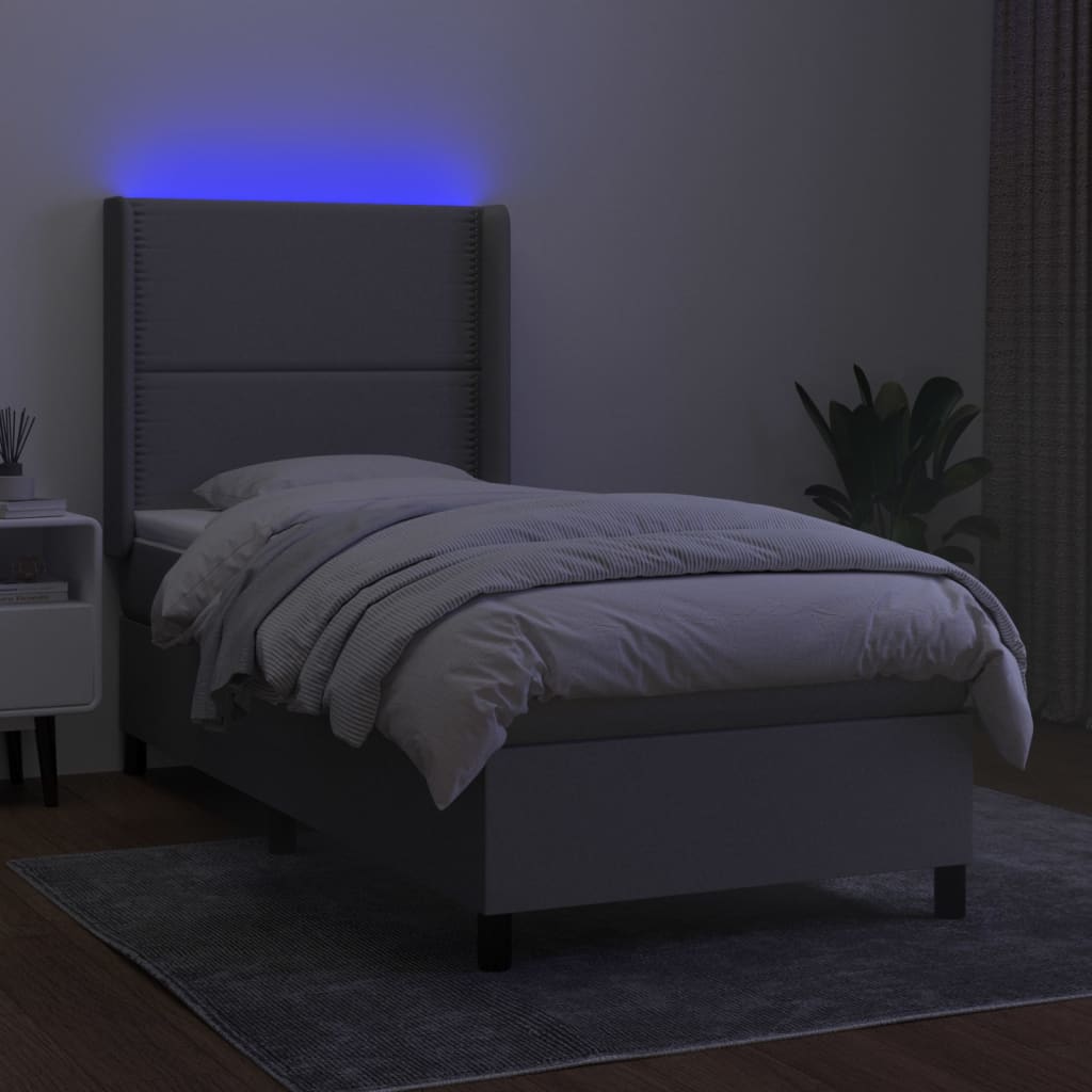 Krevet box spring s madracem LED svjetlosivi 100x200 cm tkanina