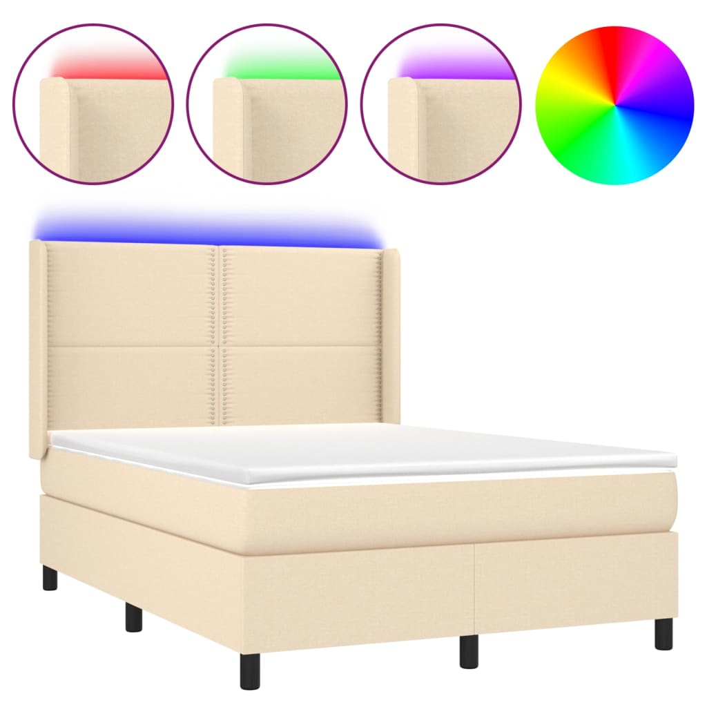Krevet box spring s madracem LED krem 140x190 cm od tkanine