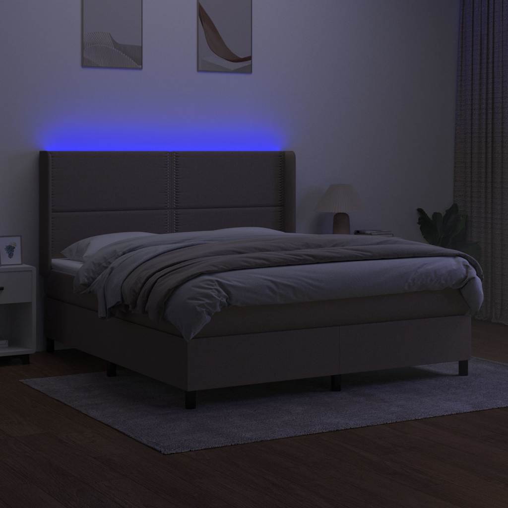 Krevet box spring s madracem LED smeđesivi 180x200 cm tkanina