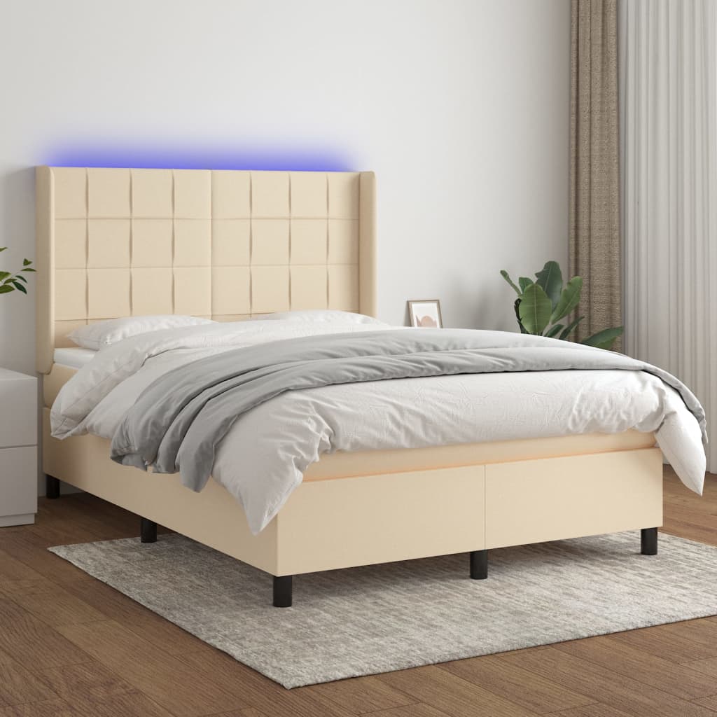 Krevet box spring s madracem LED krem 140x190 cm od tkanine
