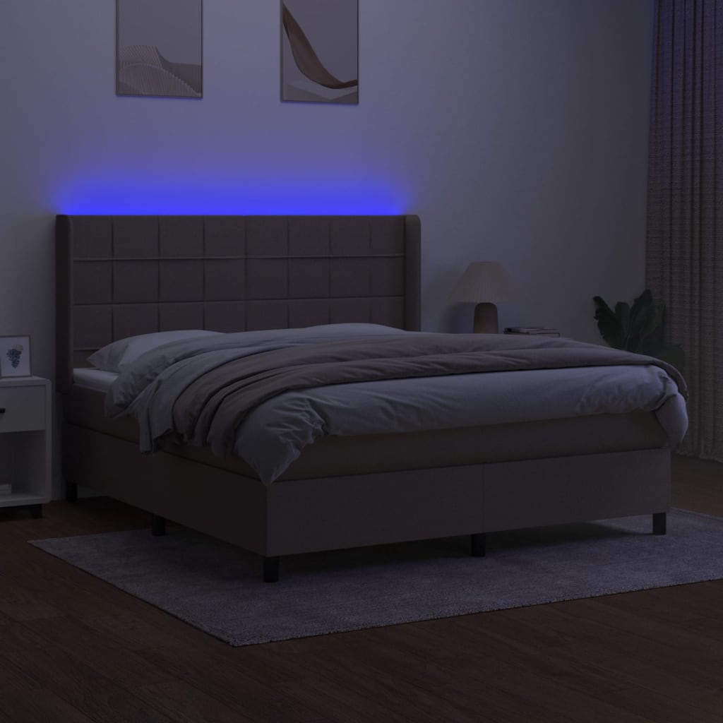 Krevet box spring s madracem LED smeđesivi 160x200 cm tkanina