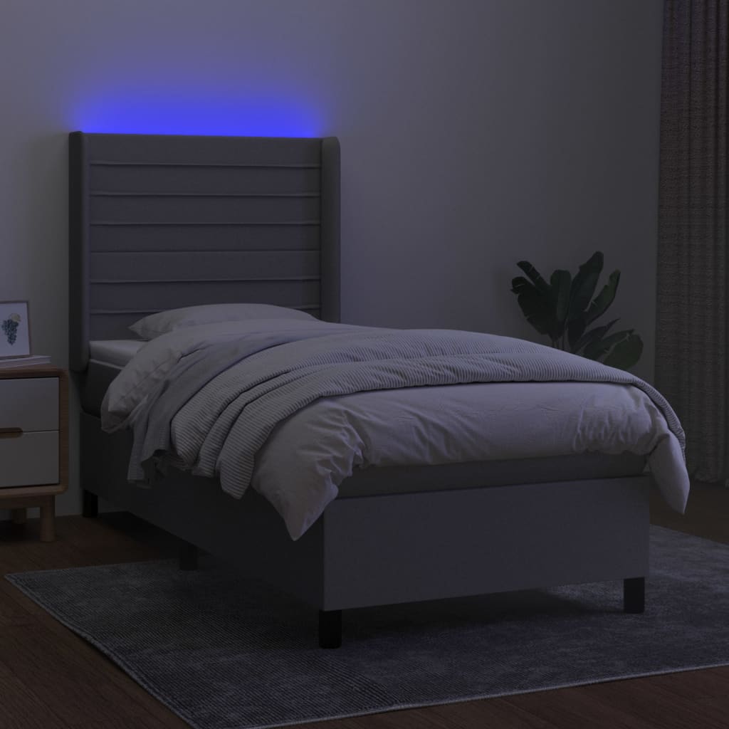 Krevet box spring s madracem LED svjetlosivi 90x190 cm tkanina