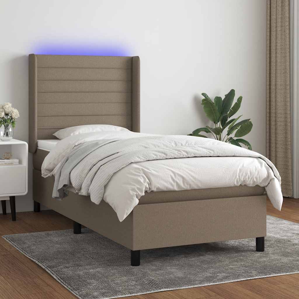 Krevet box spring s madracem LED smeđesivi 90x190 cm tkanina