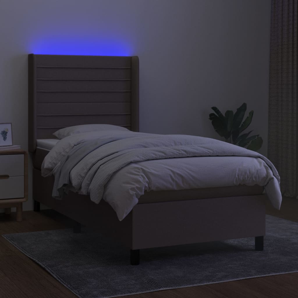 Krevet box spring s madracem LED smeđesivi 90x200 cm tkanina