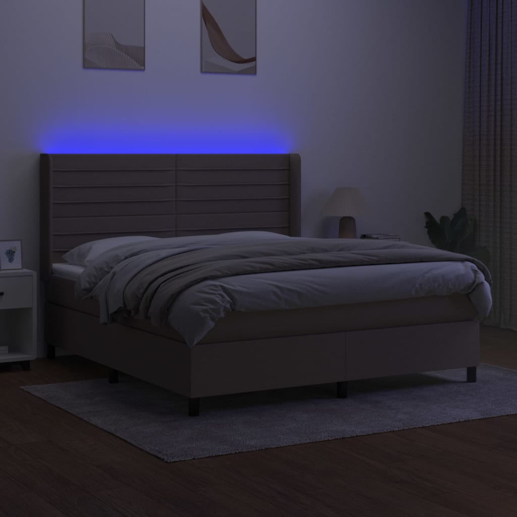 Krevet box spring s madracem LED smeđesivi 180x200 cm tkanina
