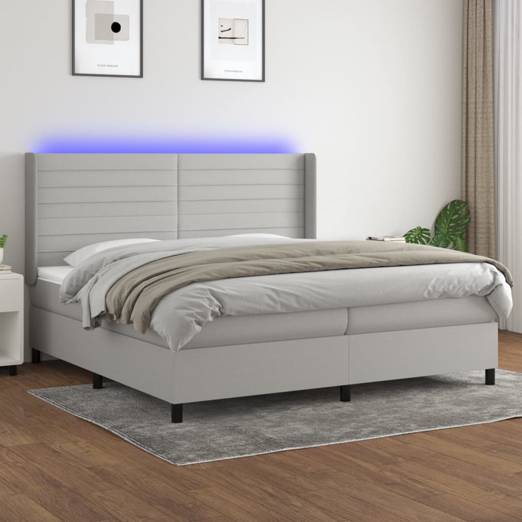 Krevet box spring s madracem LED svjetlosivi 200x200 cm tkanina