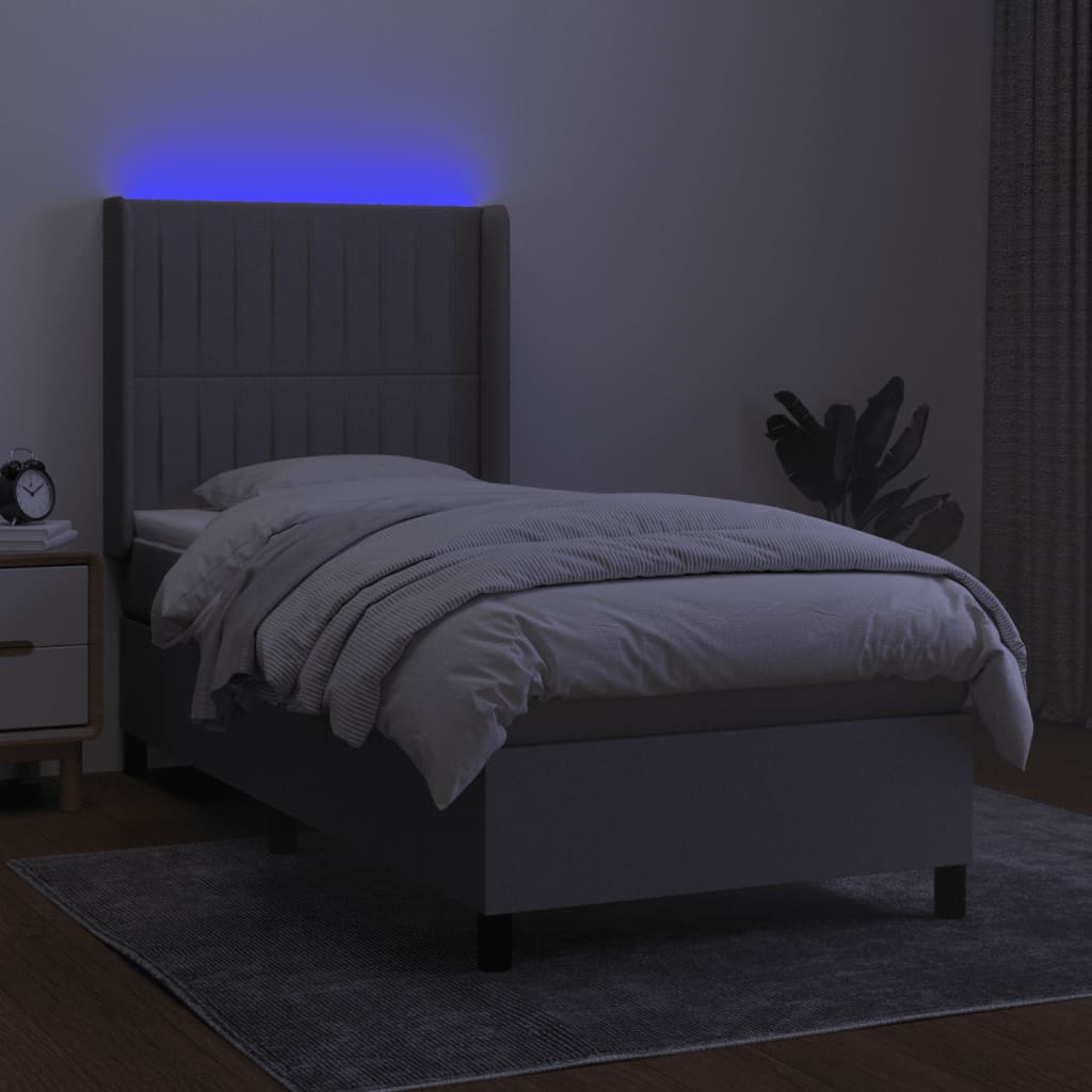 Krevet box spring s madracem LED svjetlosivi 90x190 cm tkanina