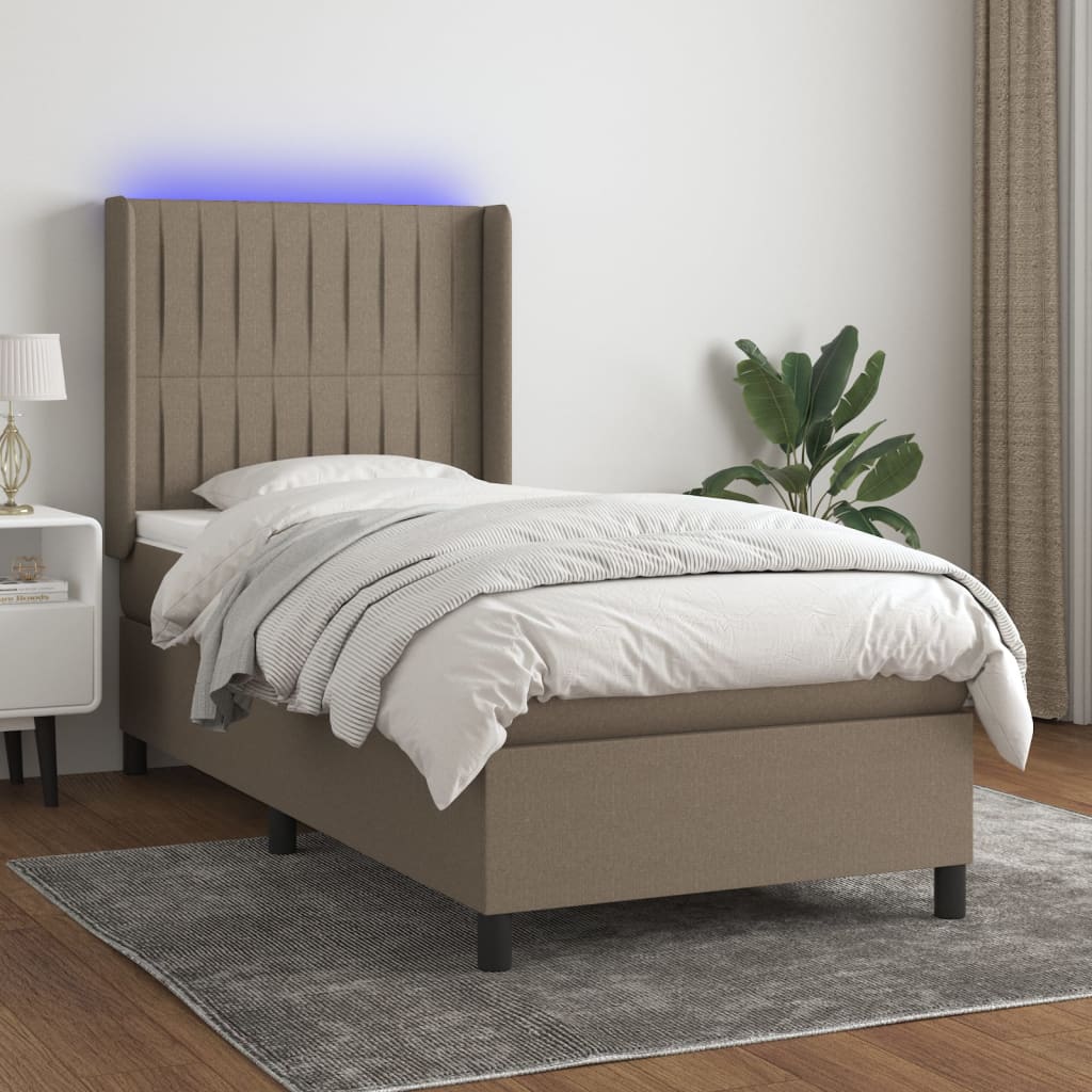 Krevet box spring s madracem LED smeđesivi 90x200 cm tkanina