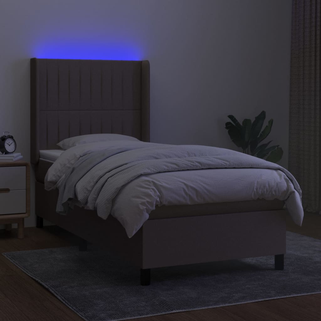 Krevet box spring s madracem LED smeđesivi 100x200 cm tkanina