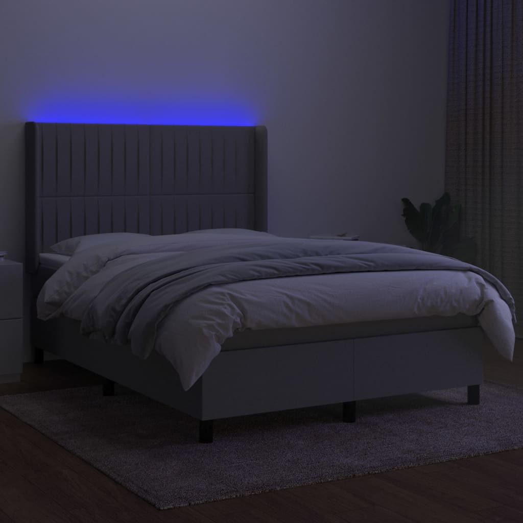 Krevet box spring s madracem LED svjetlosivi 140x200 cm tkanina